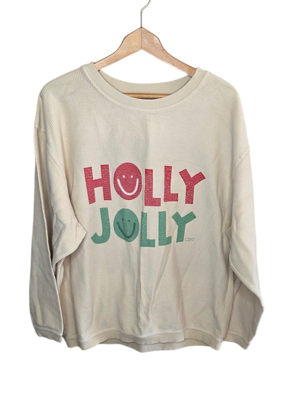 Chicka-d Holly Jolly Beige Corded Texture Long Sleeve Tee Size Large